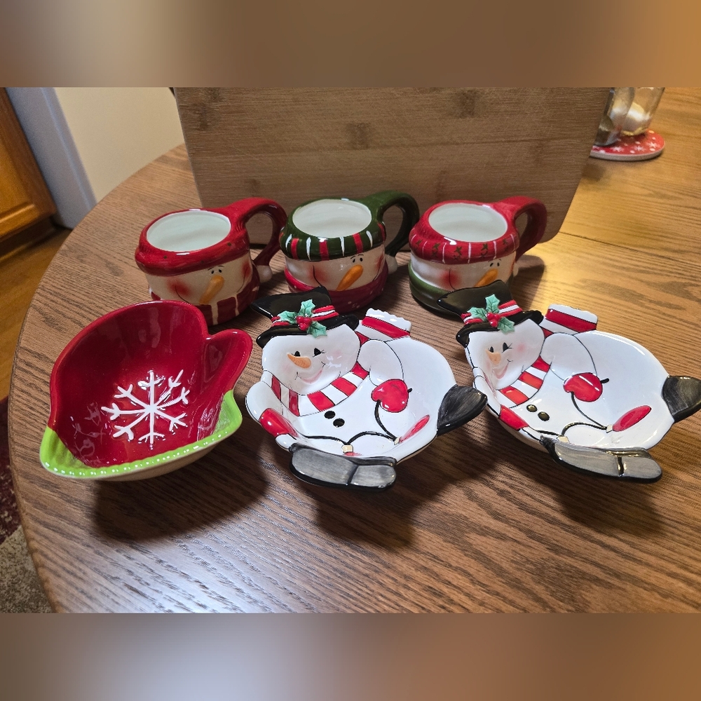 Festive Snowman Mugs & Snack Bowls, Snowflake Glove Dish Set
